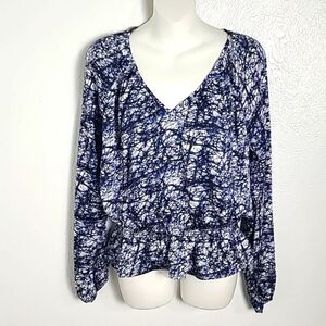 Michael Kors Navy Blue & White Abstract Print Peplum Top, Size Medium